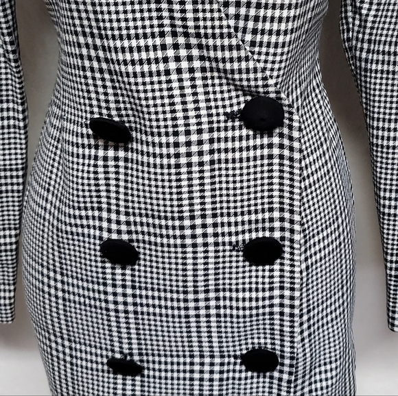 Vintage 80s GSL Black Houndstooth Double Breasted Collarless Blazer Jacket S - Picture 7 of 15